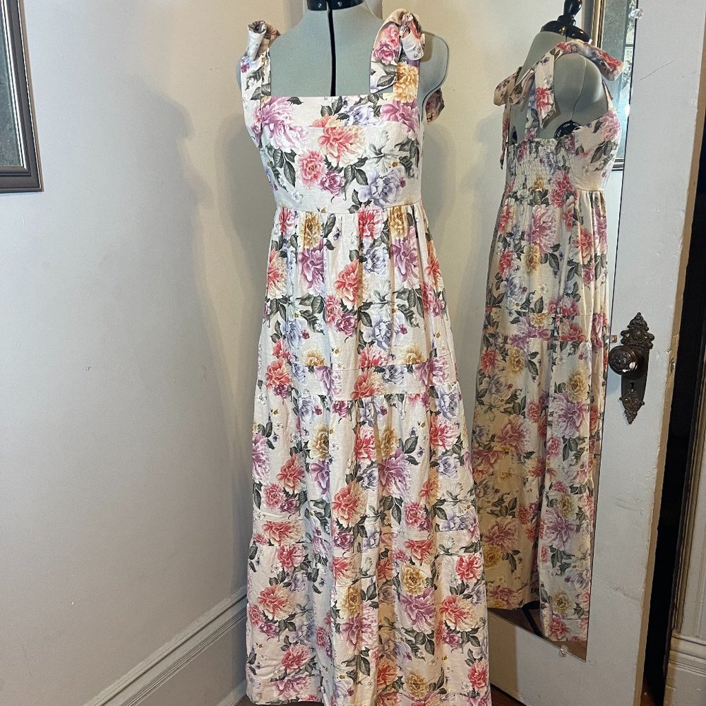 House of Harlow 1960 Linen Blend Tiered Bow Tie Shoulder Long Maxi Dress - Picture 1 of 8